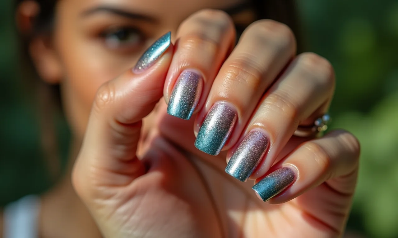 Unhas com degradê de glitter em tons vibrantes.