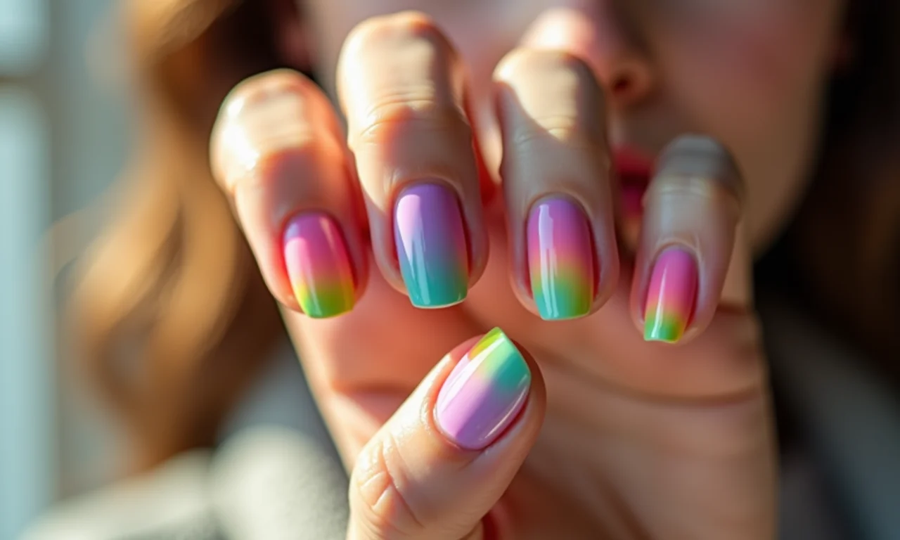 Unhas com degradê nas cores do arco-íris.