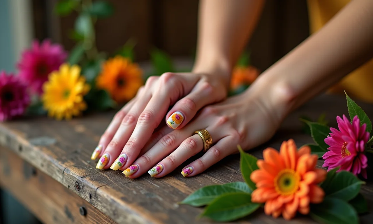Unhas com delicadas flores românticas.
