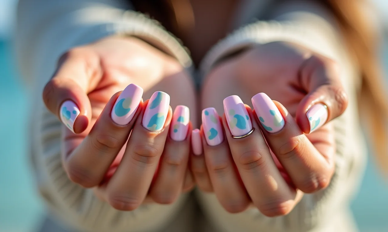 Unhas com desenhos abstratos em tons pastel e acabamento matte.