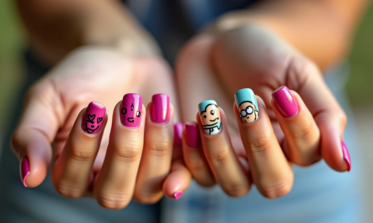 Unhas com desenhos divertidos e coloridos.