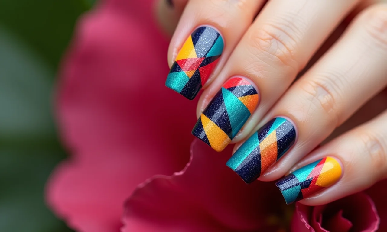 Unhas com desenhos geométricos vibrantes no estilo espanhol.