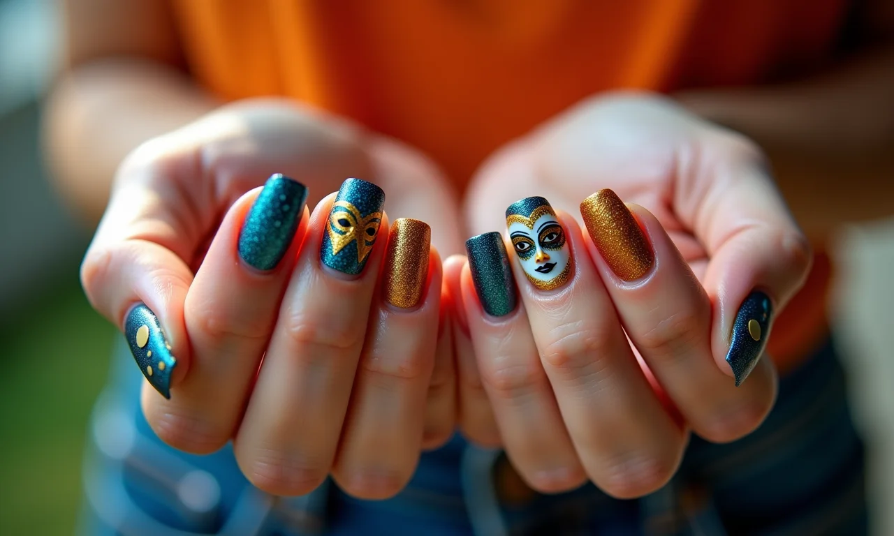 Unhas com desenhos temáticos de Carnaval.