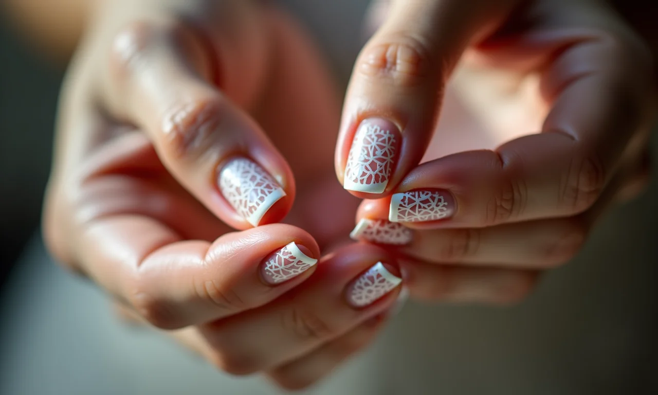 Unhas com detalhes delicados em renda.