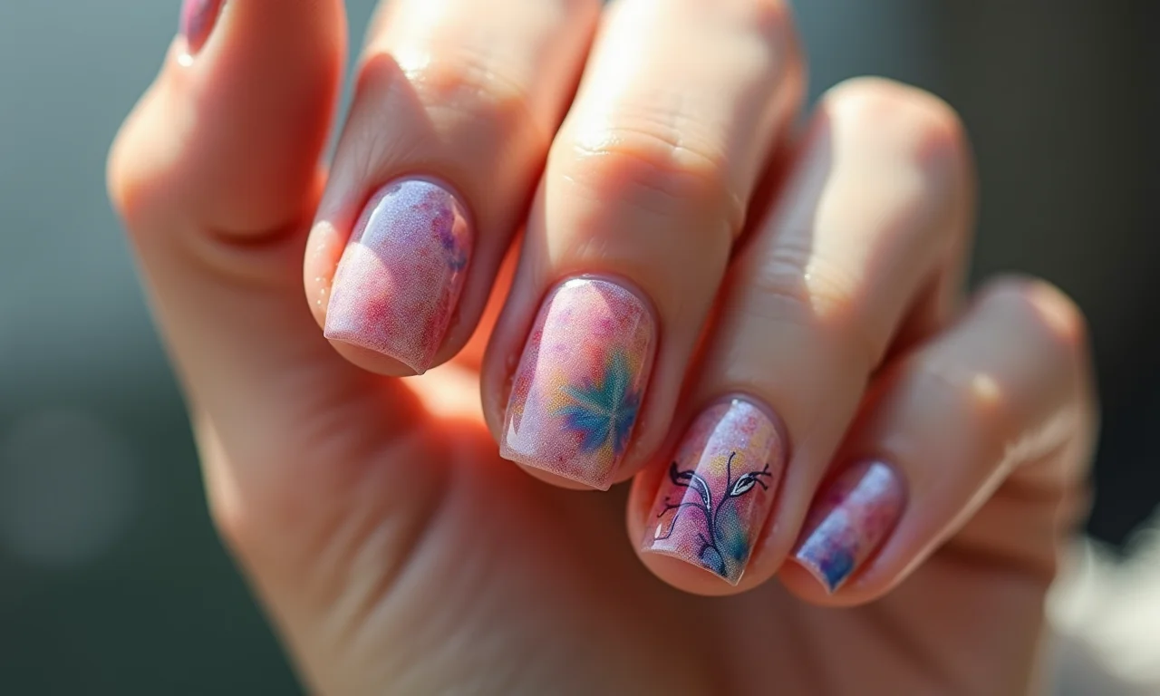 Unhas com efeito airbrush, gradientes e desenhos artísticos.