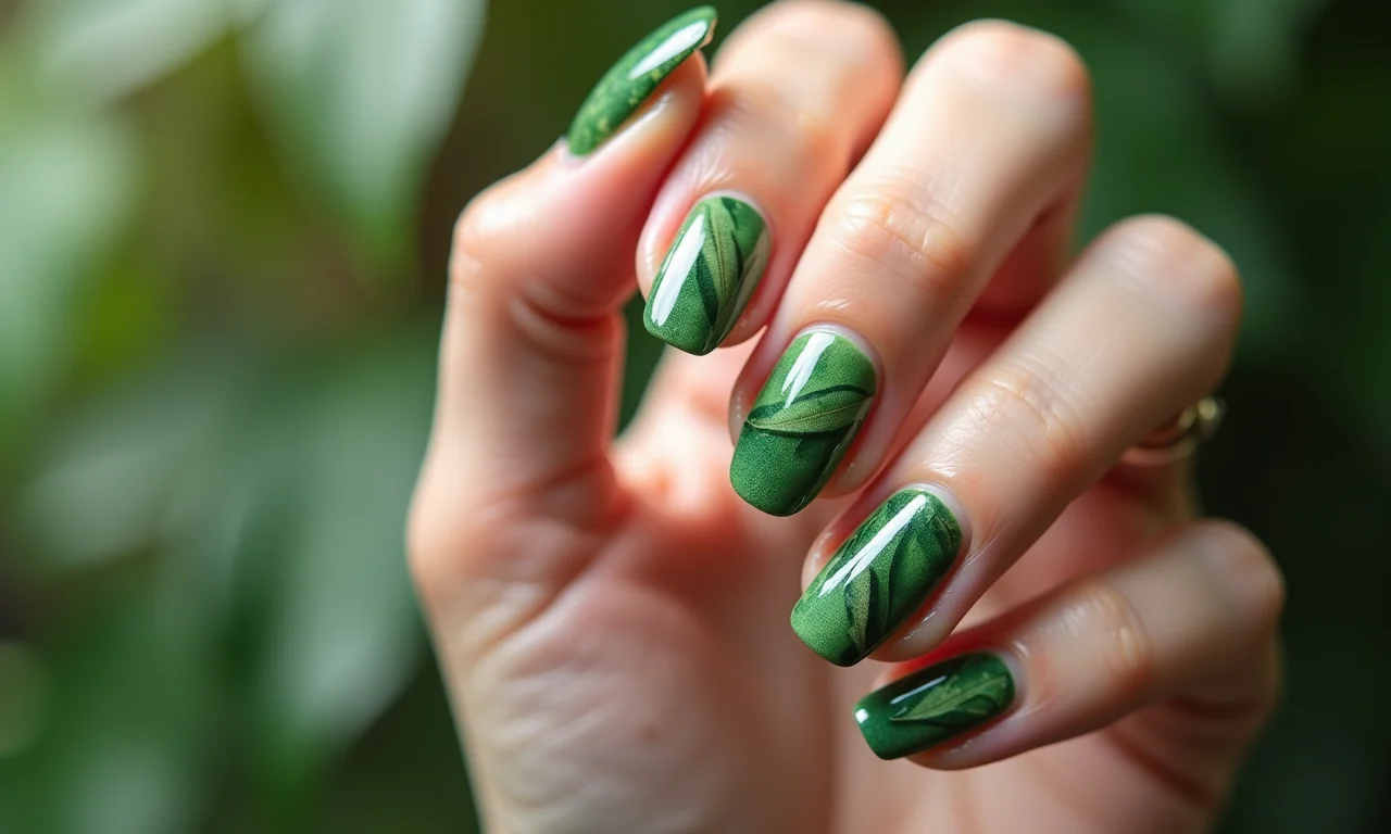 Unhas com efeito aquarela e folhas secas prensadas.