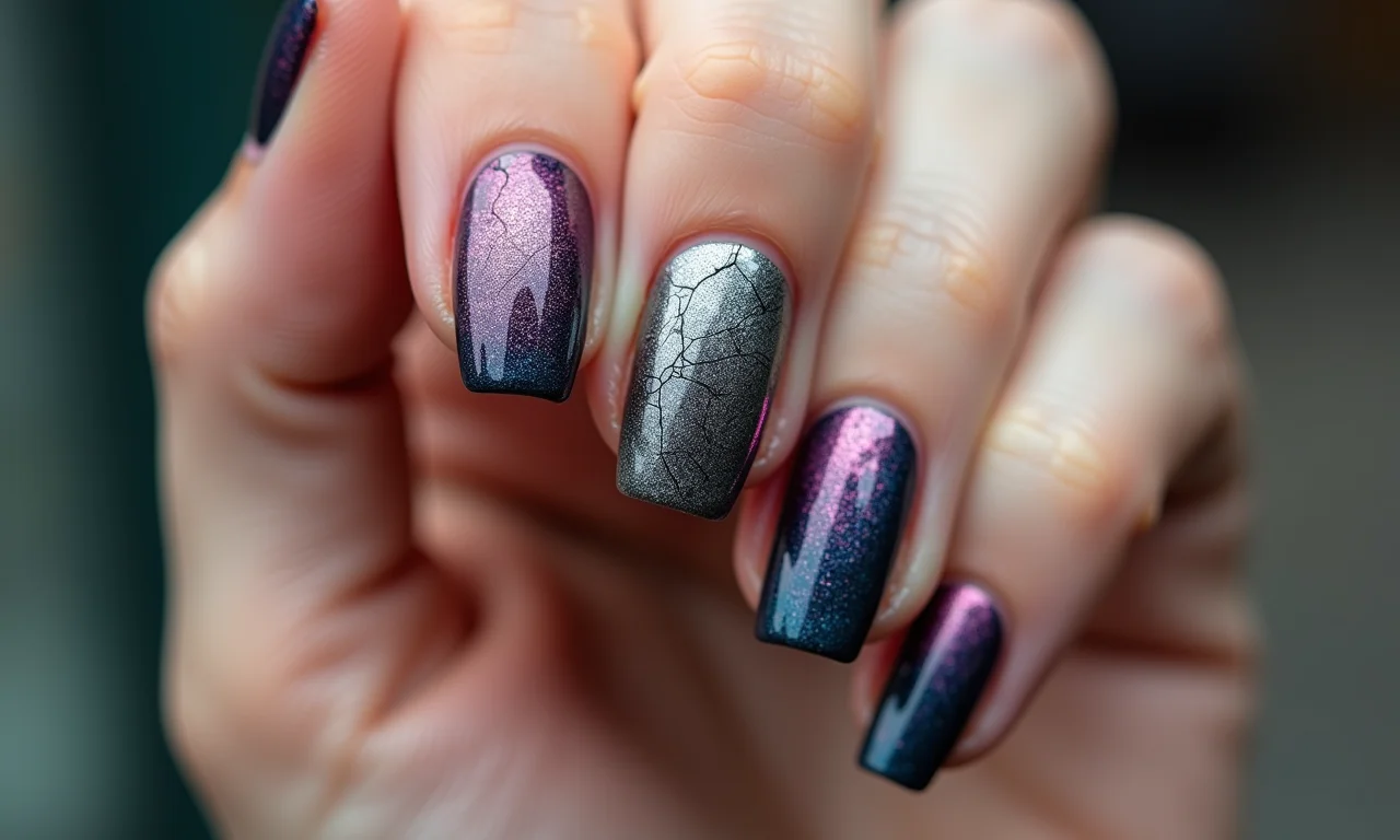 Unhas com efeito de esmalte craquelado, mostrando cores contrastantes.