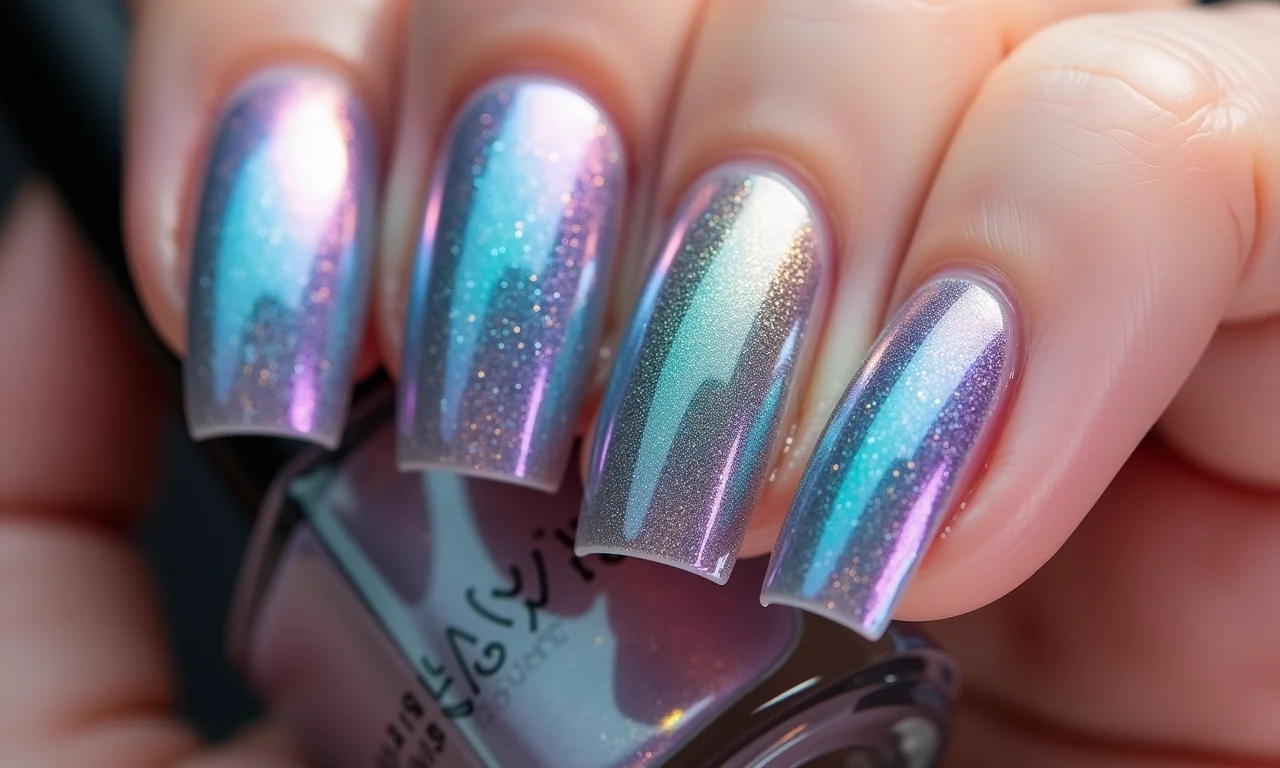 Unhas com efeito esfumado holográfico, misturando cores de esmaltes sereia.