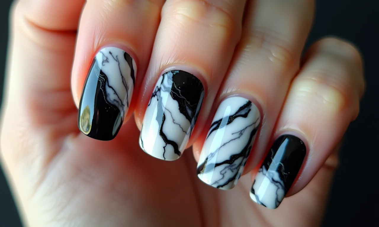 Unhas com efeito mármore em preto e branco.
