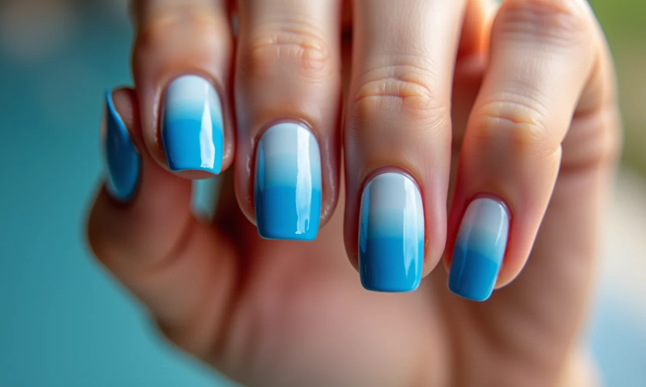 Unhas com efeito ombré azul moderno.