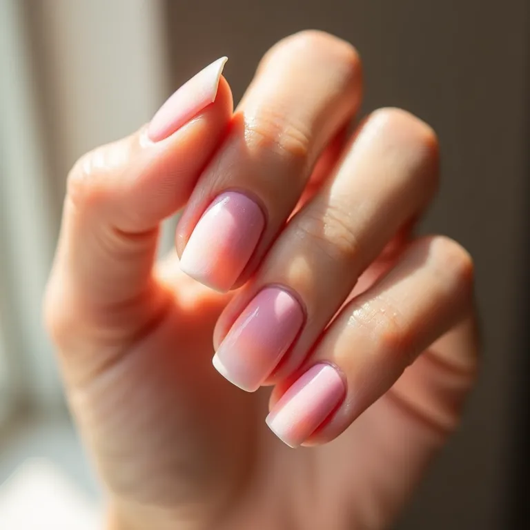 Unhas com efeito ombré suave, transição de cores delicada.