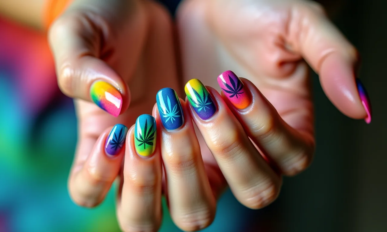 Unhas com efeito tie-dye e folhas de maconha coloridas.