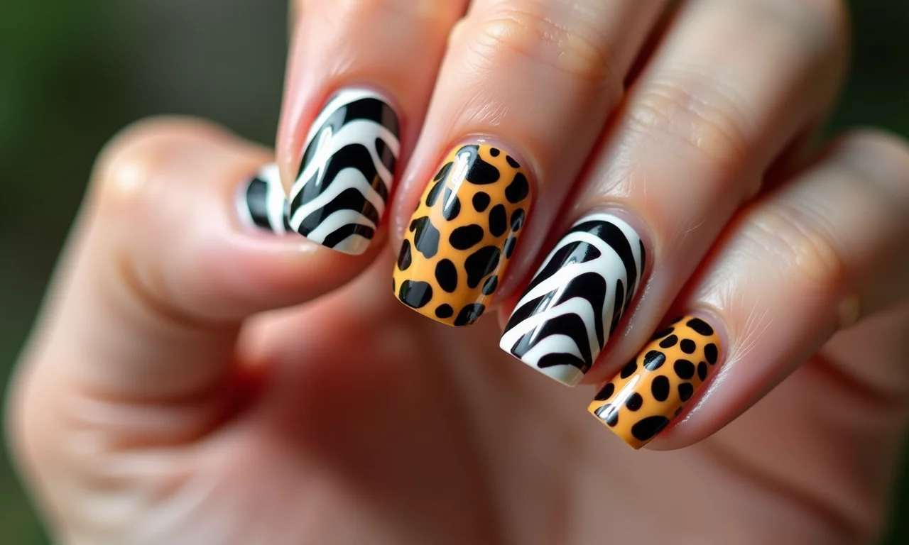 Unhas com esmaltação em gel com estampa animal print.