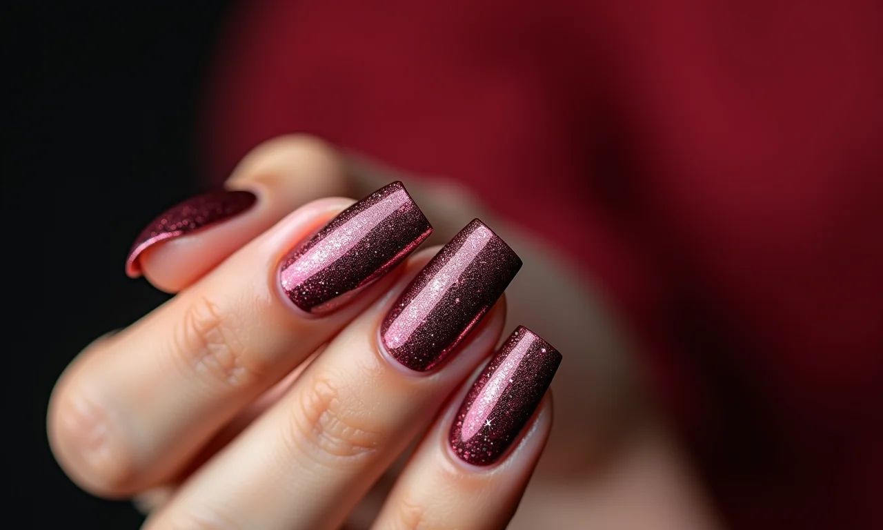 Unhas com esmalte magnético e detalhes em strass para o Natal.