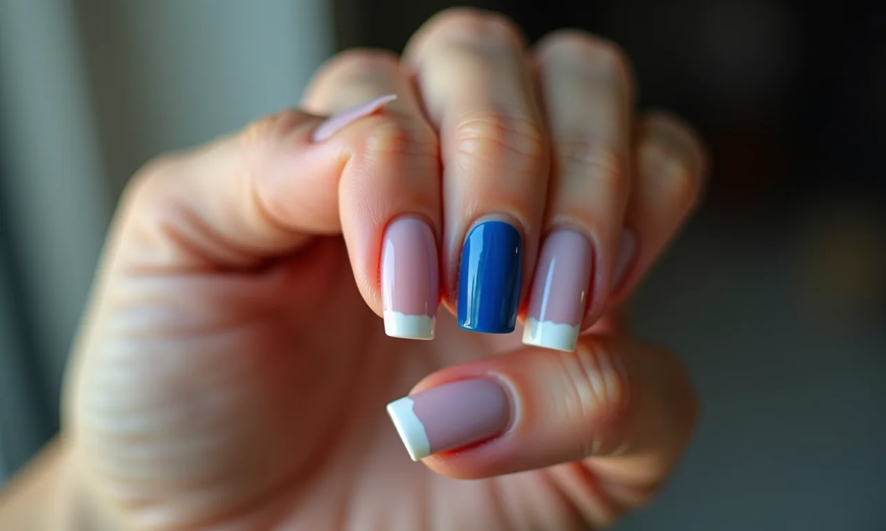 Unhas com filha única azul como detalhe.