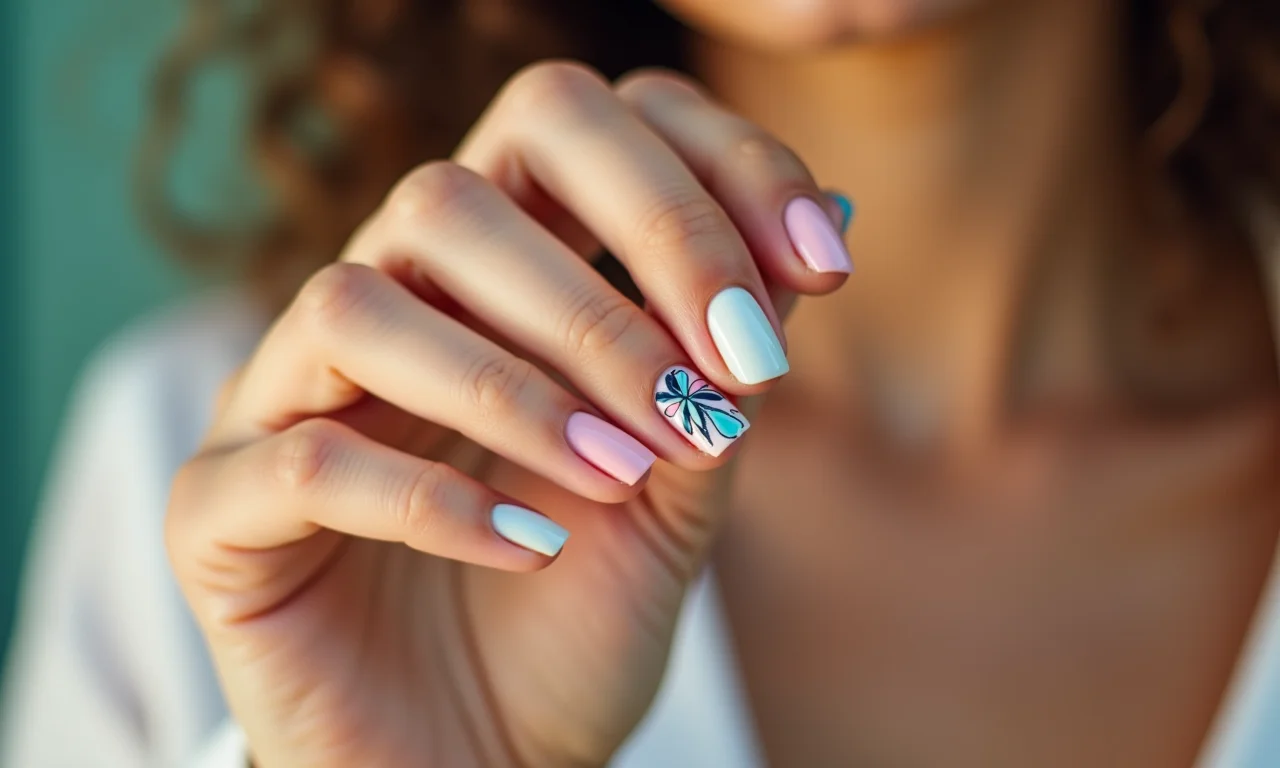 Unhas com filha única decorada em tons pastel.