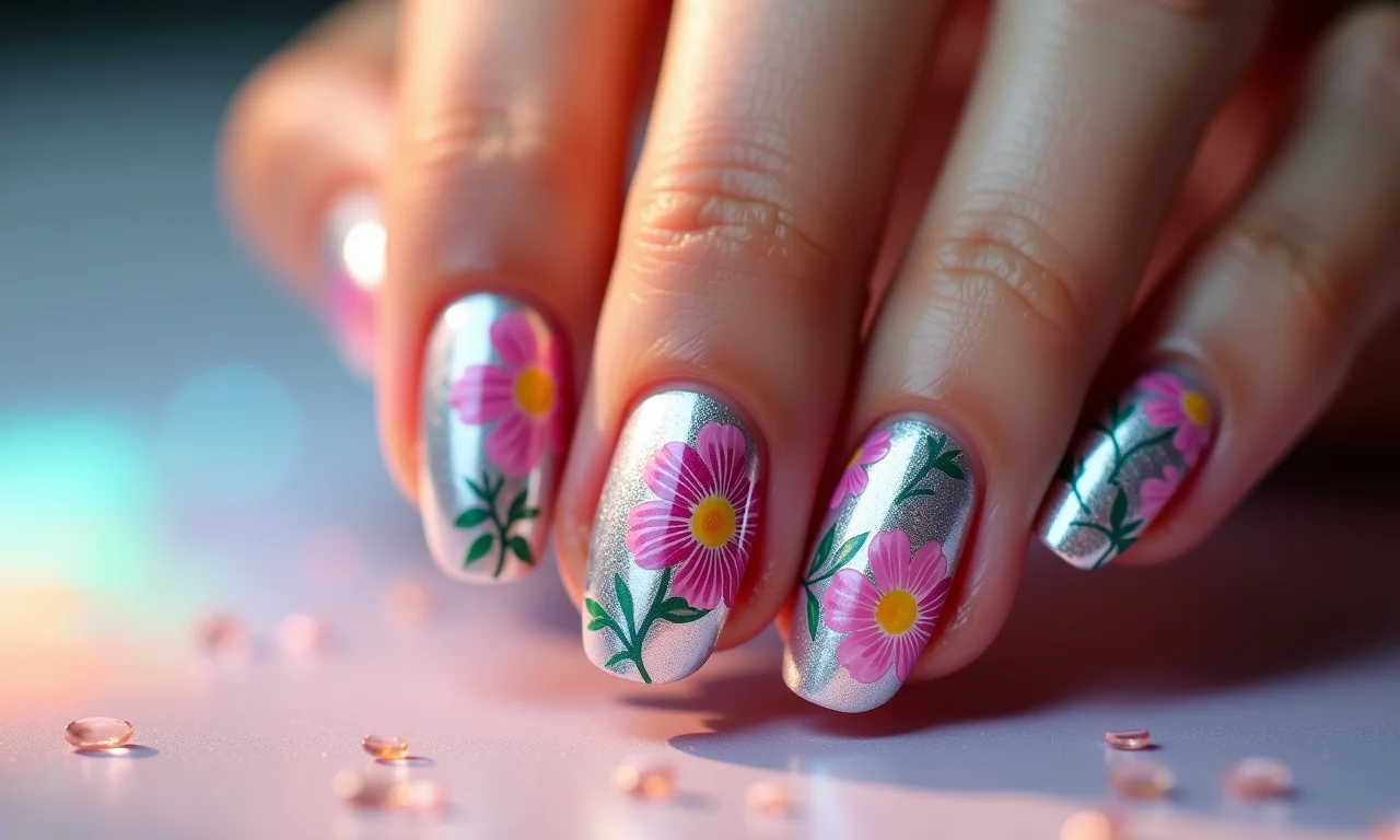 Unhas com flores prensadas e fundo holográfico, um visual moderno e inovador.