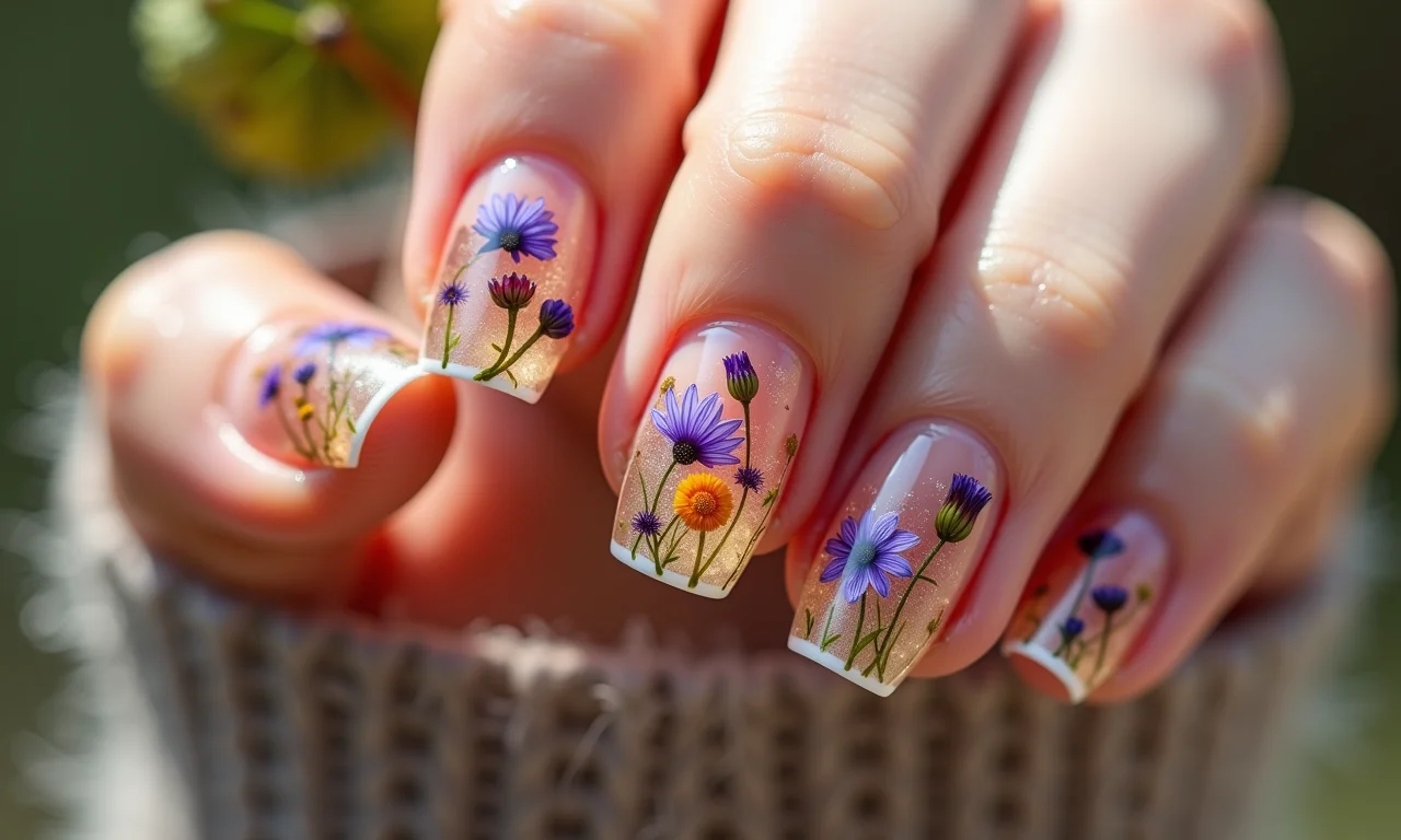 Unhas com flores secas encapsuladas no gel, durabilidade e beleza combinadas.