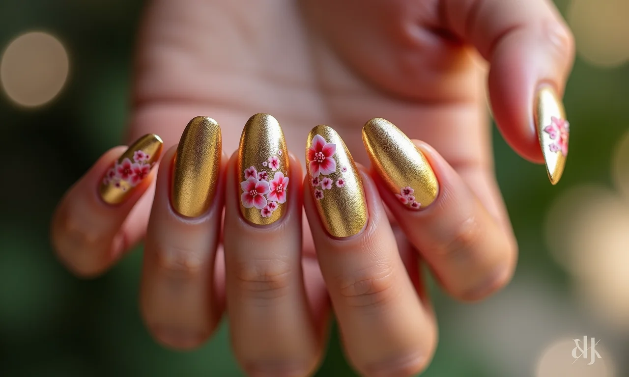 Unhas com folha de ouro e flores, um toque luxuoso e sofisticado.