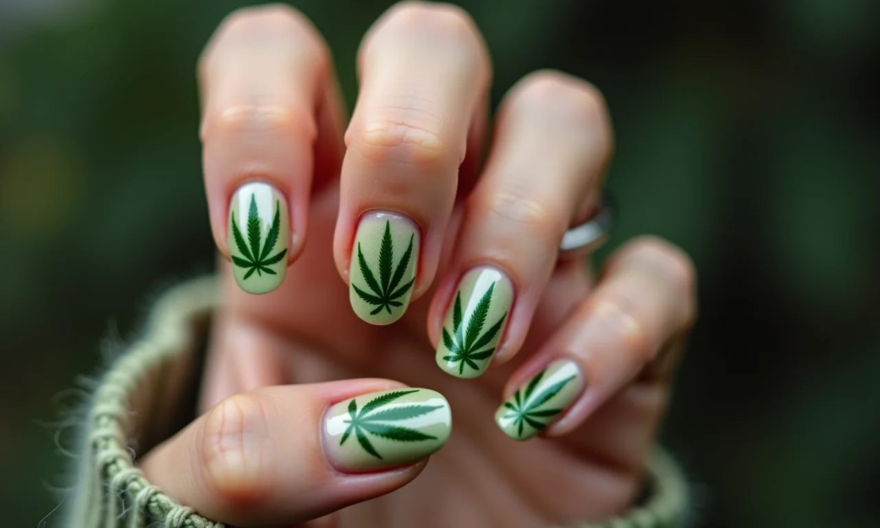 Unhas com folhas de maconha em tons de verde.