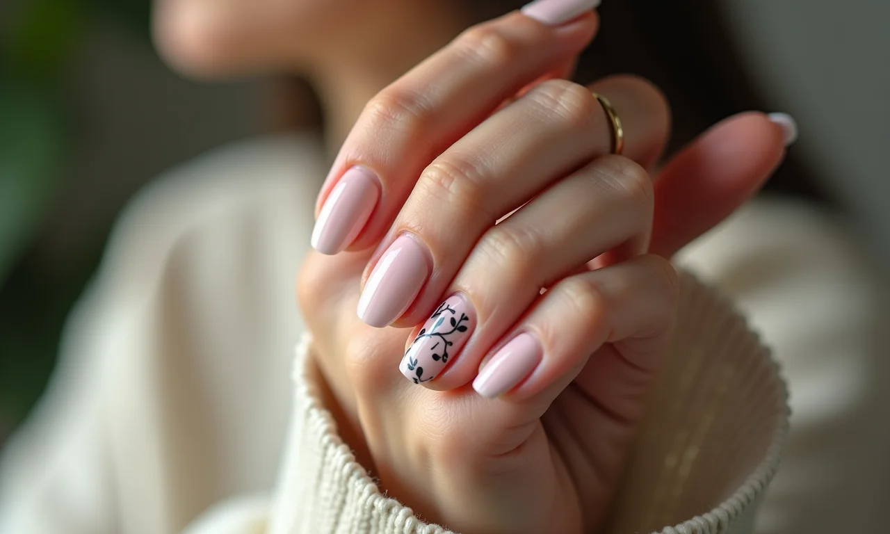 Unhas com folhas delicadas e minimalistas.