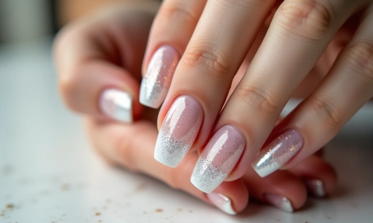Unhas com glitter branco para festas.