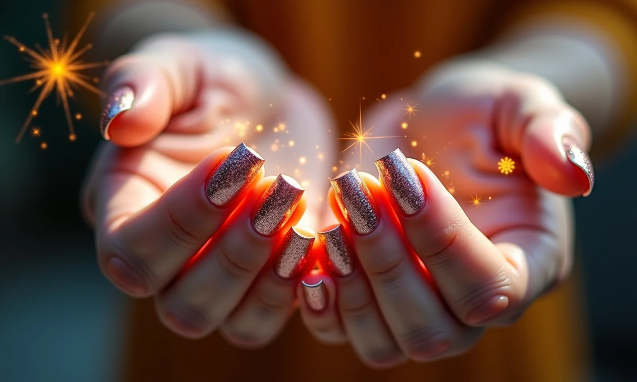 Unhas com glitter brilhando intensamente, adicionando glamour e sofisticação ao visual.