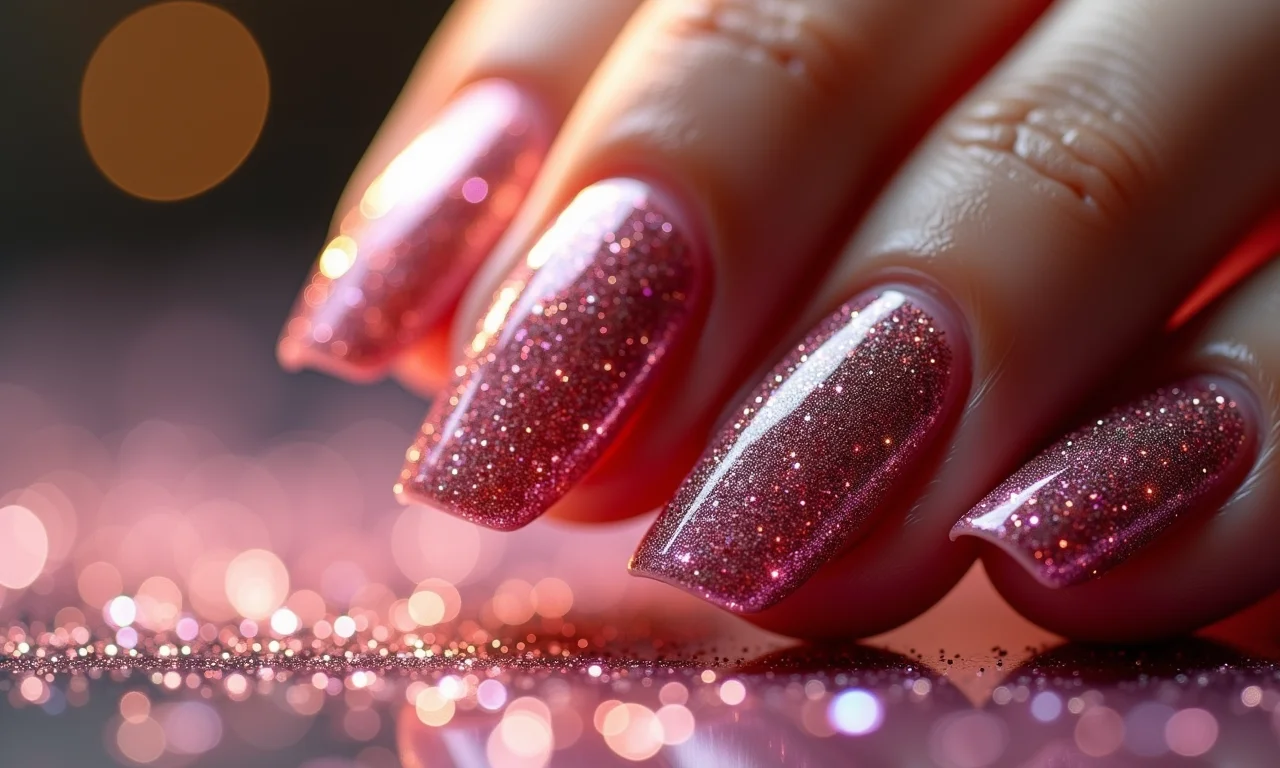 Unhas com glitter brilhante e glamouroso.
