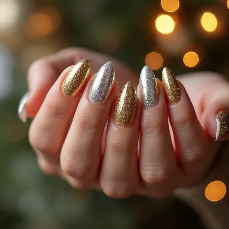 Unhas com glitter dourado e prata para o Réveillon.