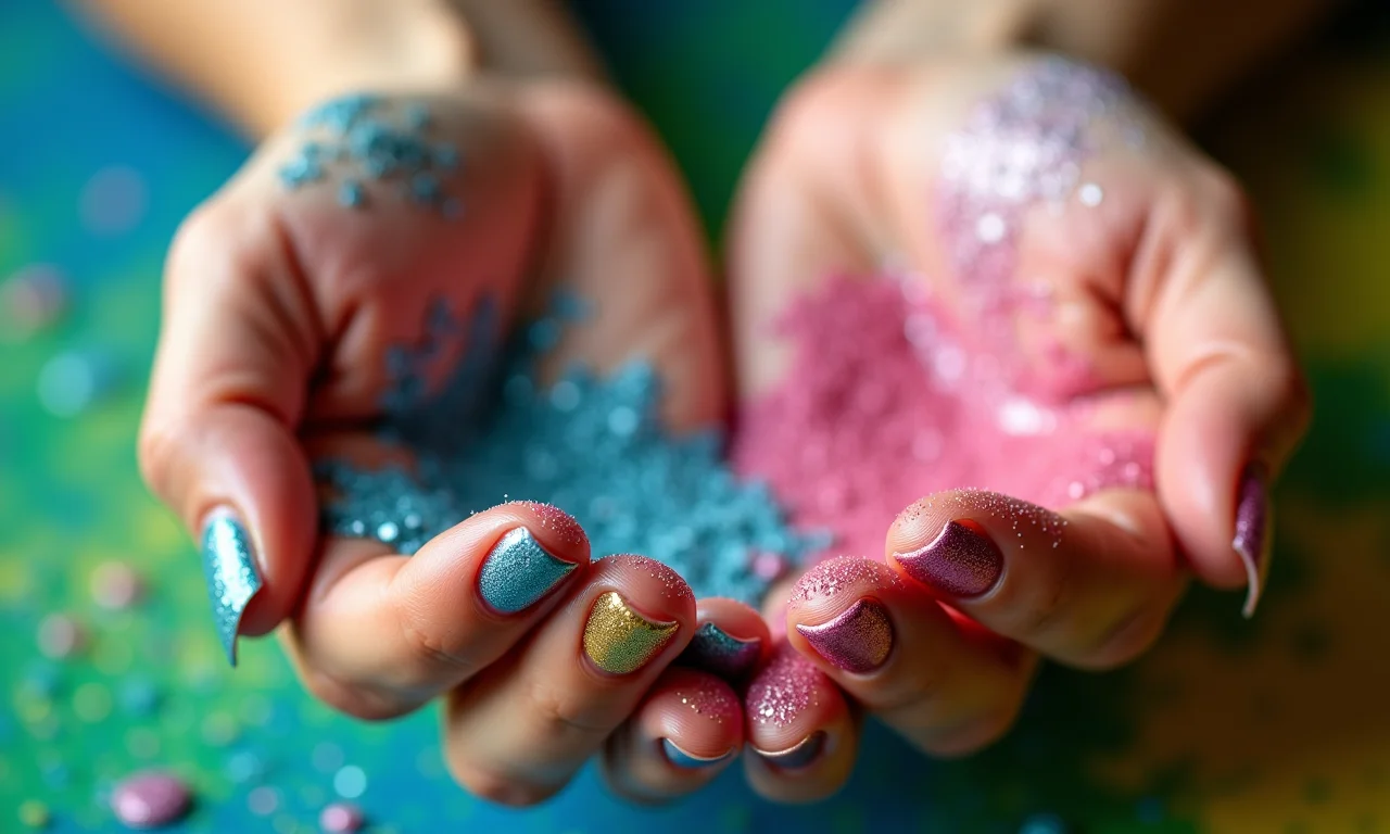 Unhas com glitter e brilho.