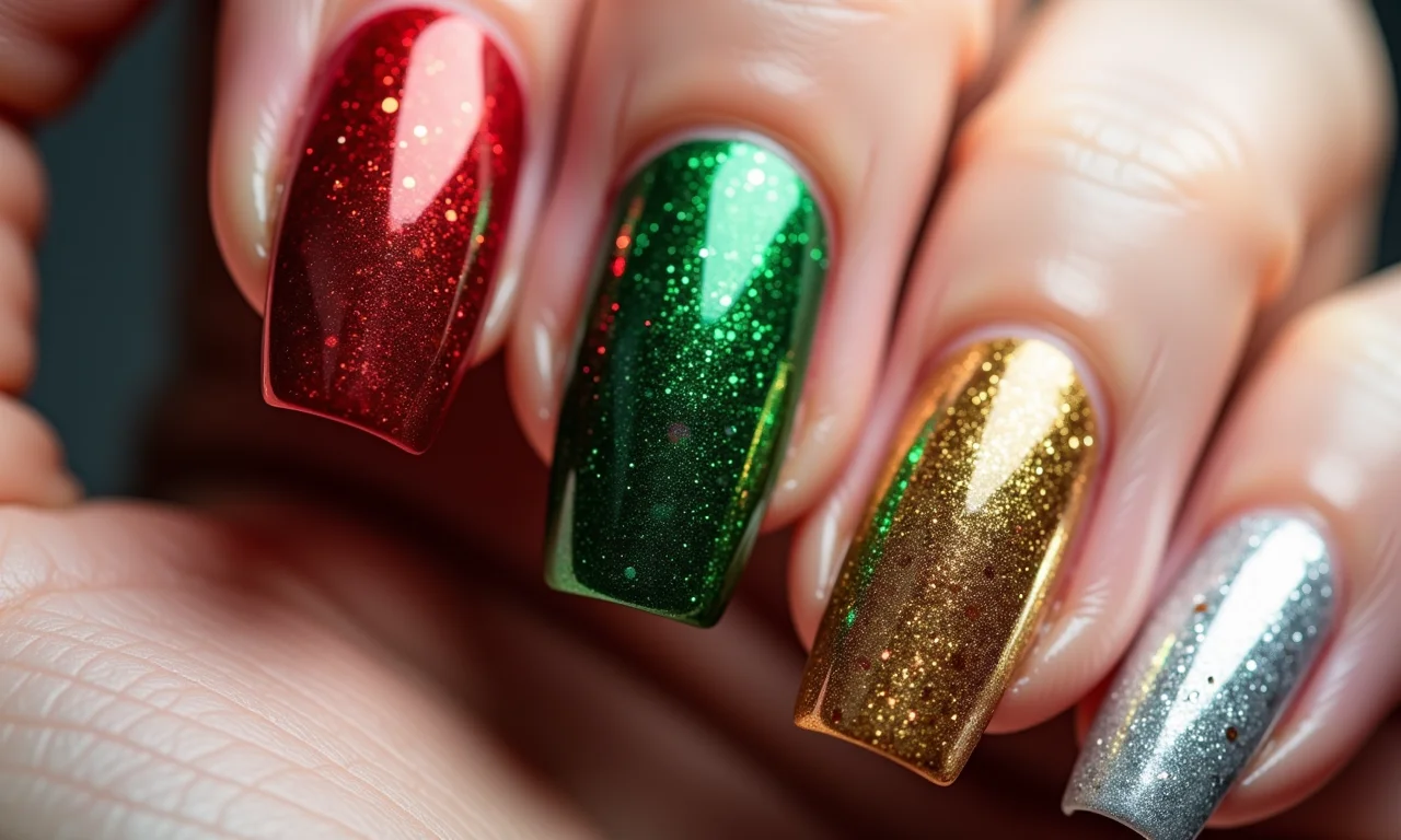 Unhas com glitter e brilho em cores natalinas.