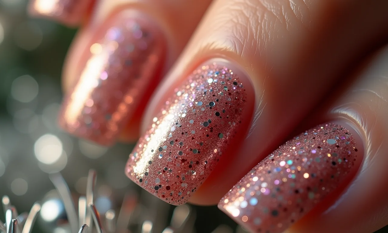 Unhas com glitter e brilho para um visual glamouroso de Páscoa.