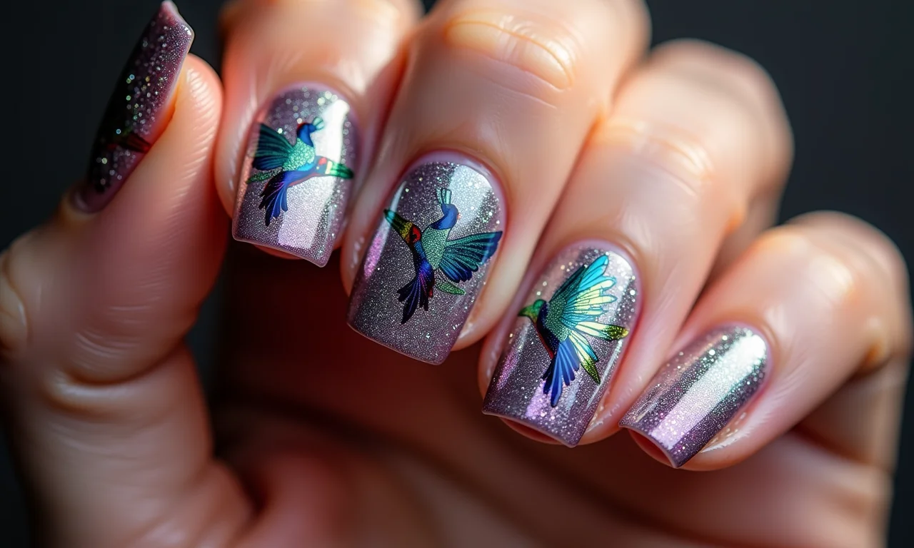 Unhas com glitter e decoração de beija-flor.