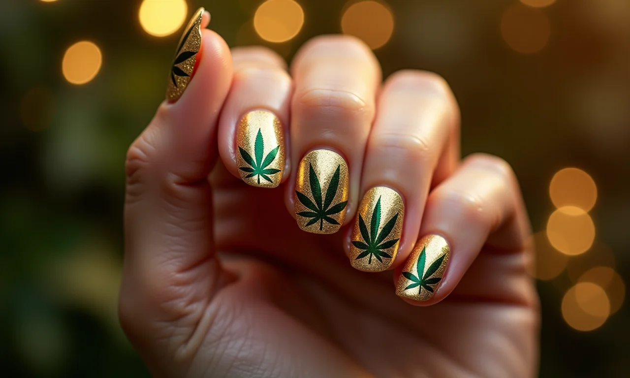 Unhas com glitter e folhas de maconha douradas.