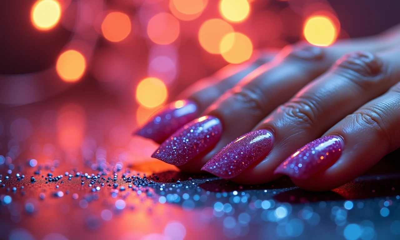 Unhas com glitter e fundo de festa com luzes brilhantes.
