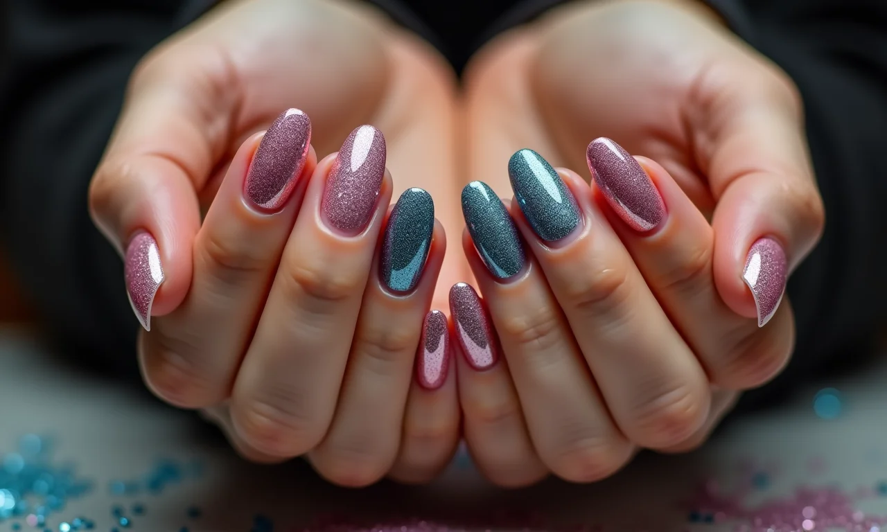 Unhas com glitter em diversas cores e tamanhos.