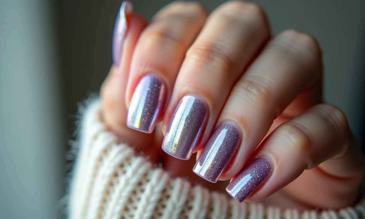 Unhas com glitter holográfico brilhante.