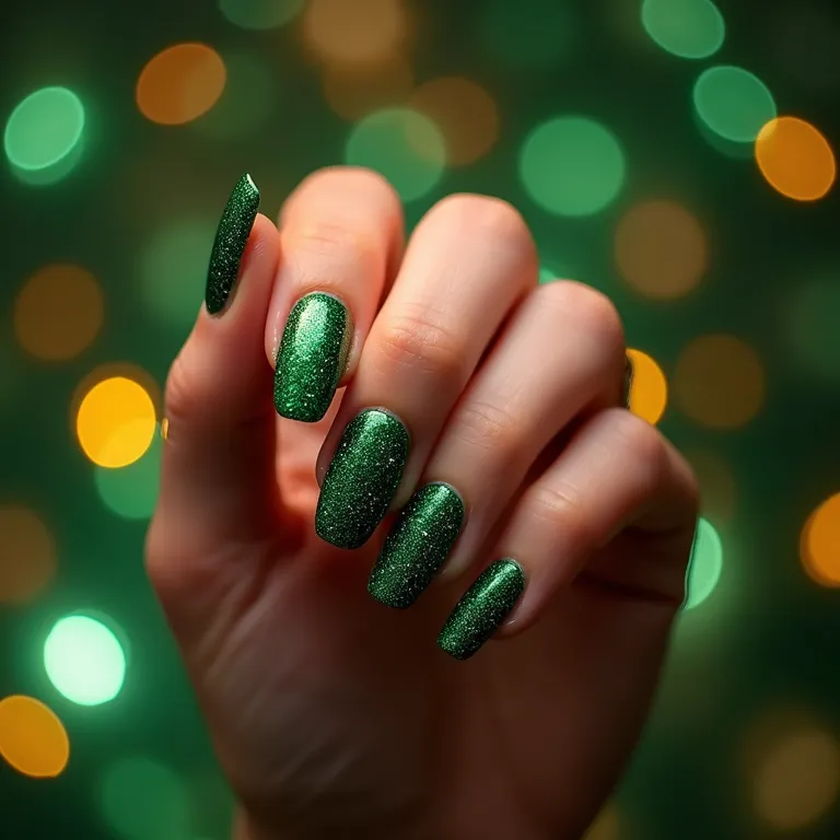 Unhas com glitter verde.
