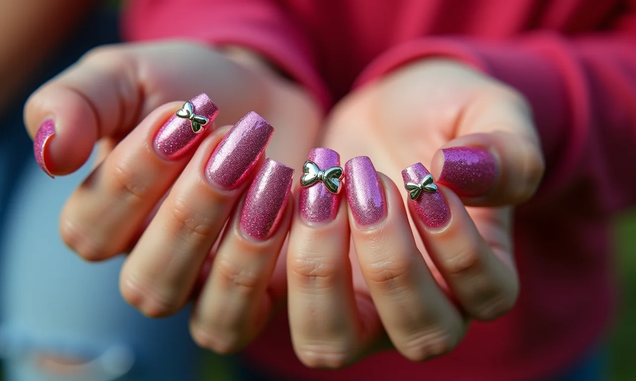Unhas com lacinhos e glitter, irradiando brilho e glamour em cada detalhe.