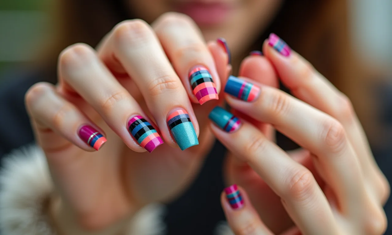 Unhas com listras e formas geométricas.