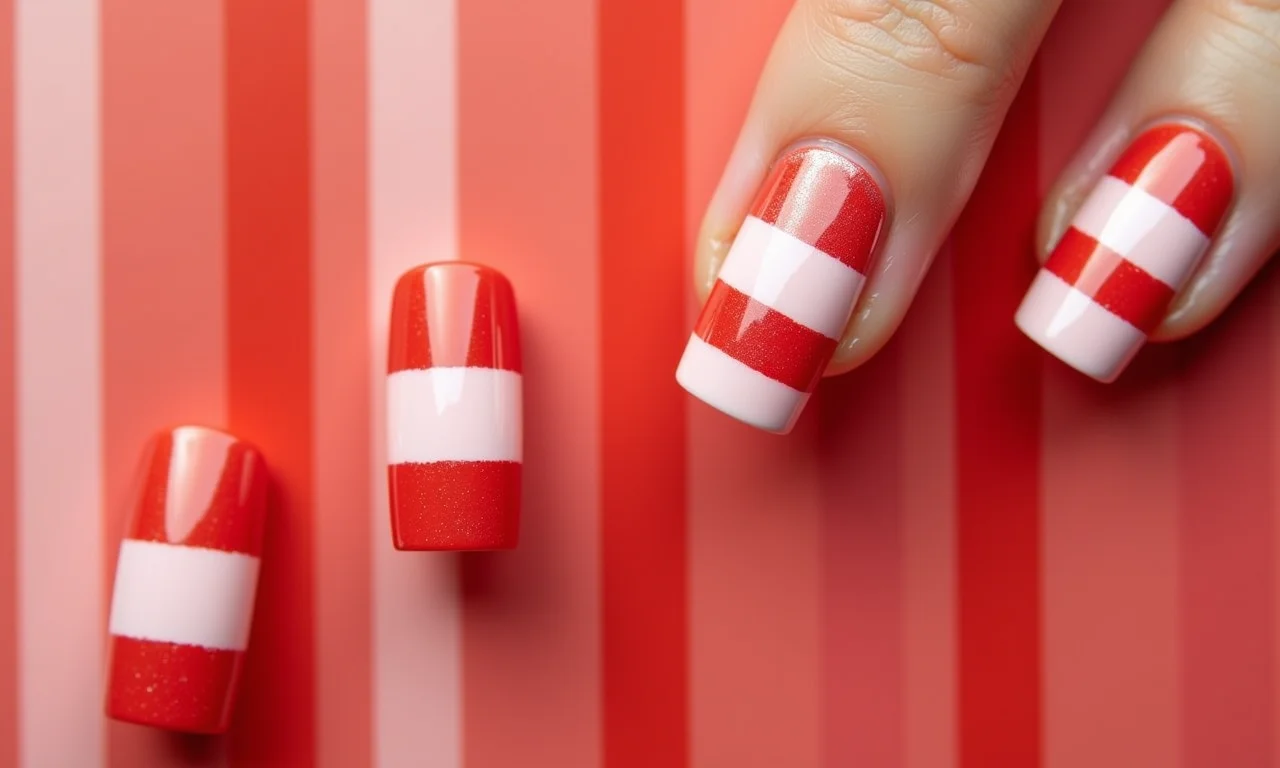 Unhas com listras verticais em vermelho e branco, design moderno e estiloso.