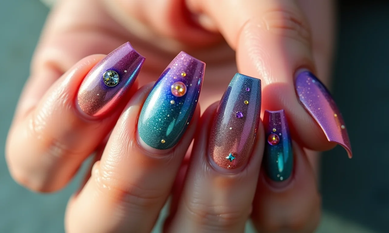 Unhas com maximalismo criativo, cores vibrantes e elementos 3D.