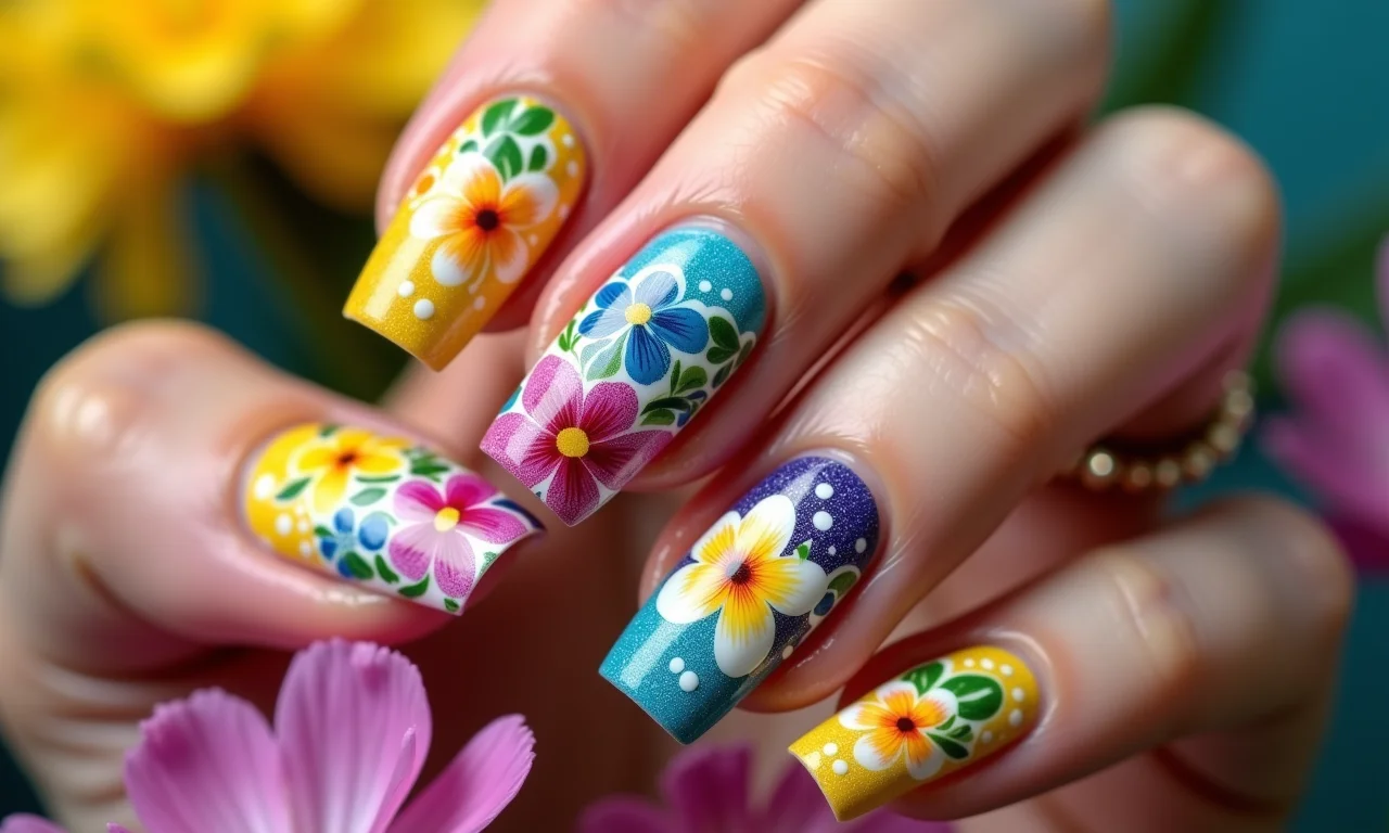 Unhas com mix de flores coloridas, vibrantes e alegres.