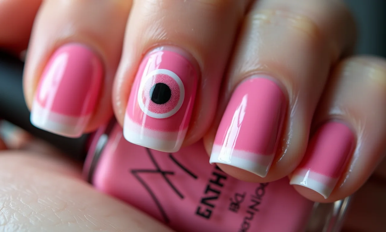 Unhas com olho grego rosa e francesinha, estilo moderno.