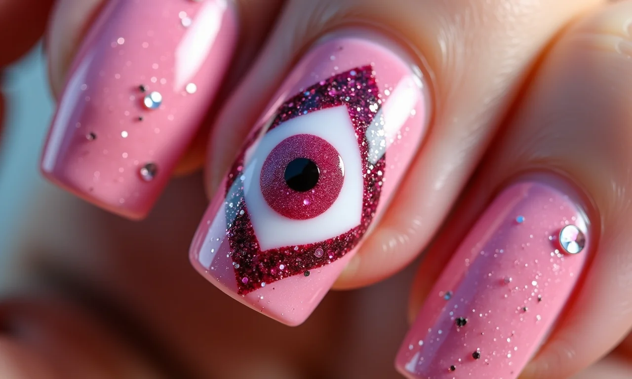 Unhas com olho grego rosa e glitter, efeito brilhante.