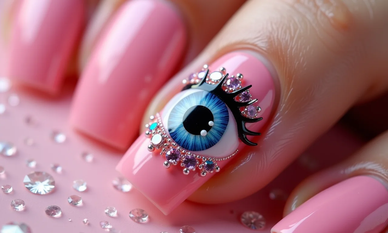 Unhas com olho grego rosa e pedrarias, detalhes brilhantes.