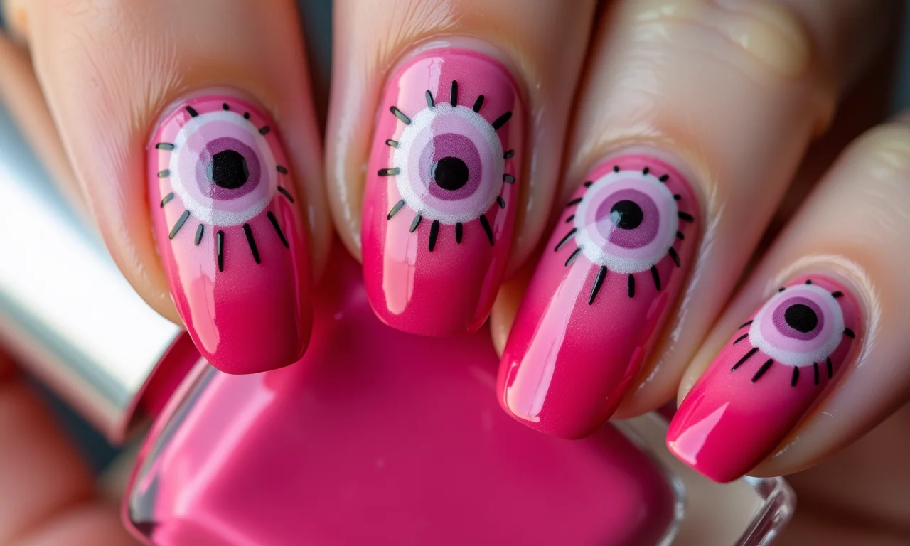 Unhas com olho grego rosa em degradê, estilo ombre.