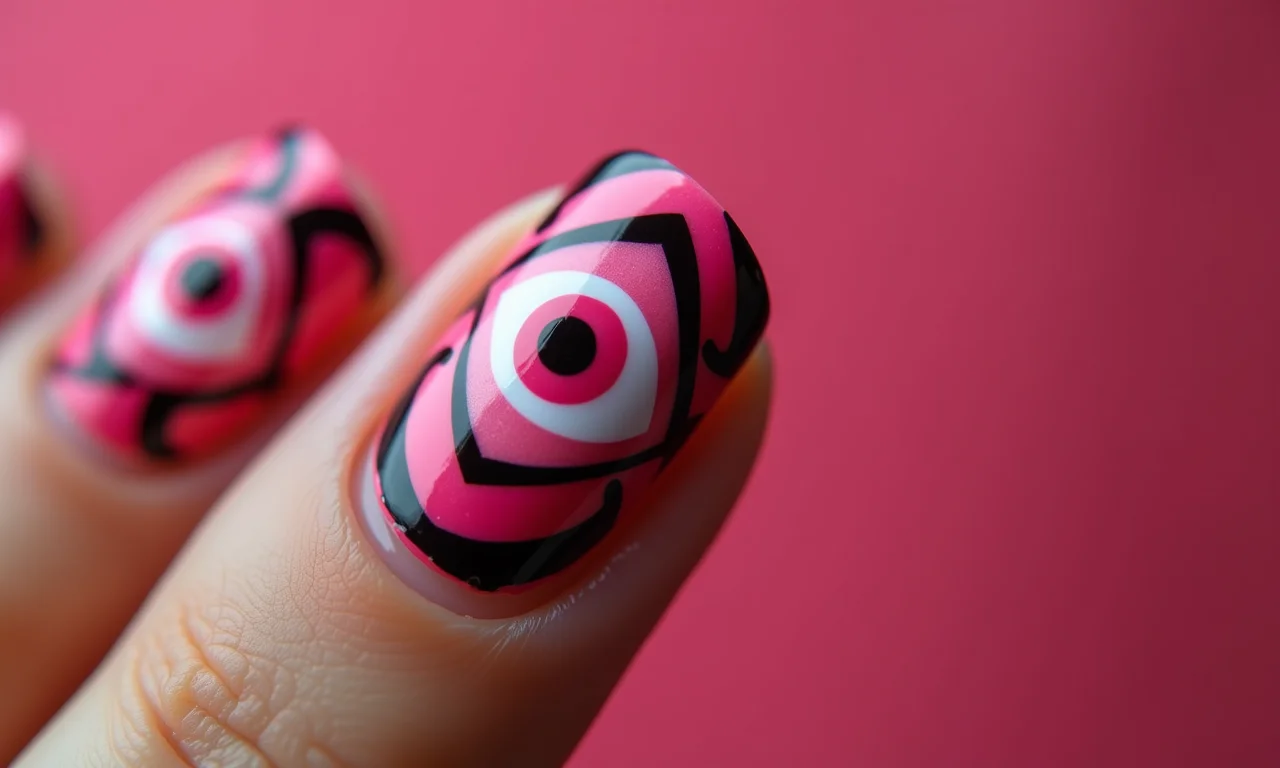 Unhas com olho grego rosa geométrico, design abstrato.