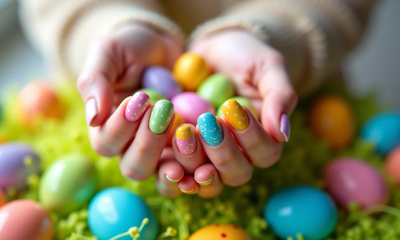 Unhas com ovos de Páscoa coloridos e vibrantes.