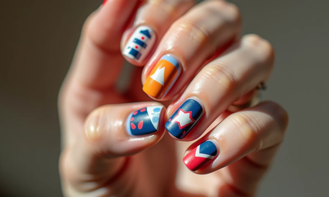 Unhas com padrões geométricos divertidos e coloridos.